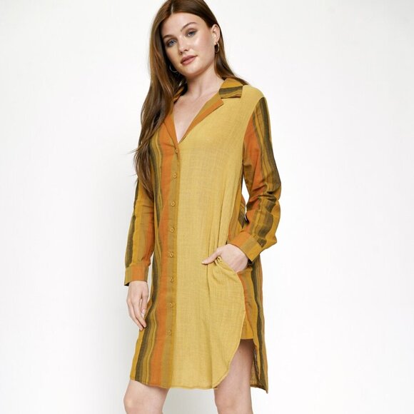 MYSTREE Mustard Rust Striped Button Down Shirt Dress Boho Fall Style - Picture 4 of 7